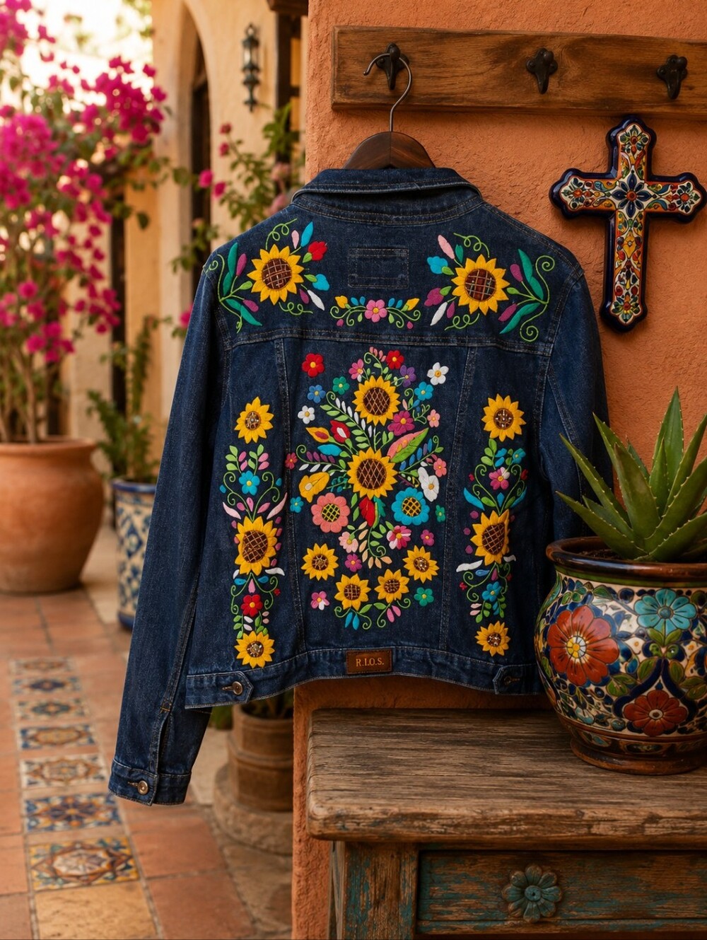 Women’s Dark Blue Embroidered Denim Jacket with Sunflower Accents